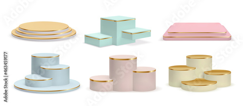 Realistic golden podiums, cylinder pedestals and display platforms. Luxury product 3d show room in pastel colors with gold stairs vector set