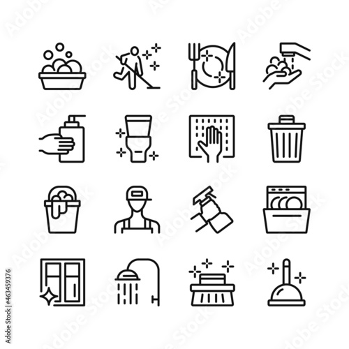 Cleaning line icons. Set of outline symbols, simple graphic elements, modern linear style black pictograms collection. Vector line icons set