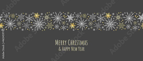 Christmas greeting card with gold and white snowflake. Vector garland for banner package 