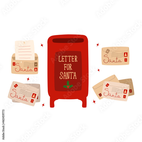 A set of envelopes with a letter to Santa Claus. Red mailbox. Christmas mail. Set of santa mail elements. Cartoon vector illustration.

