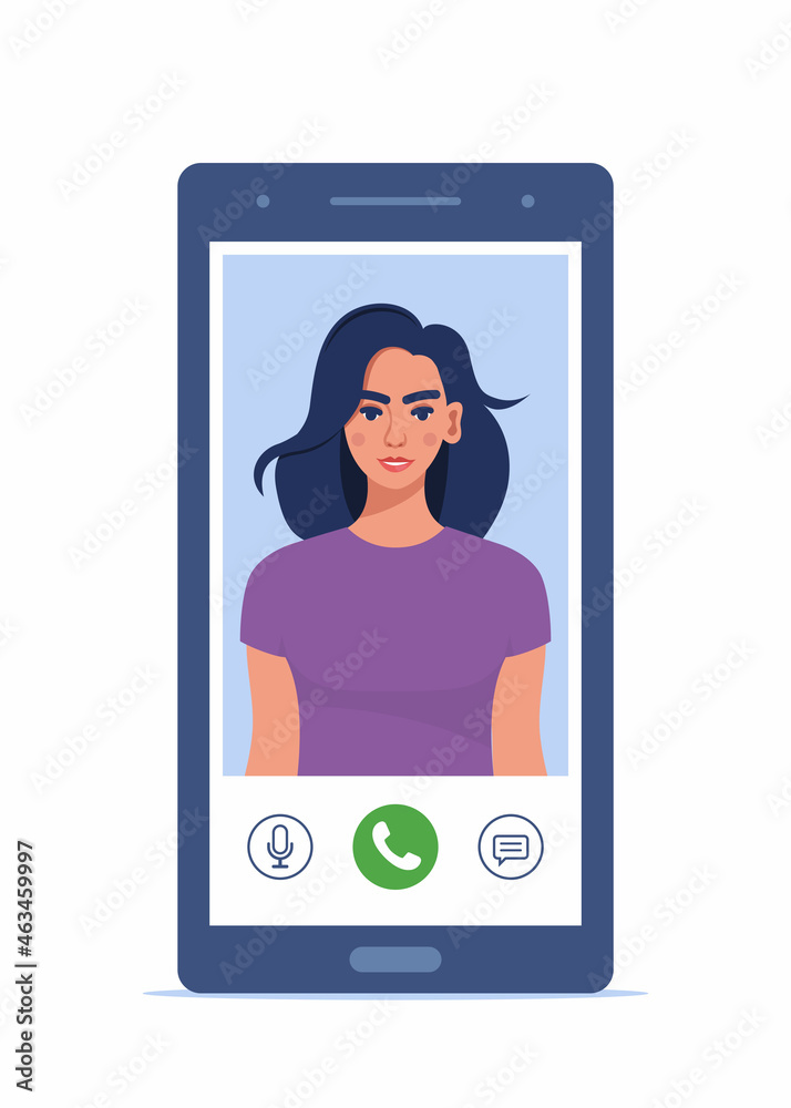 Video call on smartphone. Young woman on smartphone screen with connection icons. Communication online using the phone. Talking through video call. Chatting online. Vector illustration. Video call on smartphone. Young woman on smartphone screen with connection icons. Communication online using the phone. Talking through video call. Chatting online. Vector illustration.