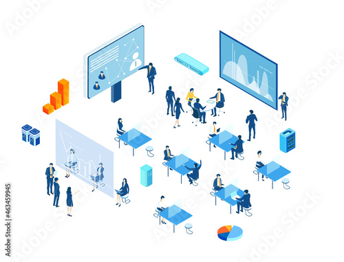 Isometric 3D business concept environment, Business people having a meeting, technology, big data, computing, artificial intelligence, writing applications concept illustration
