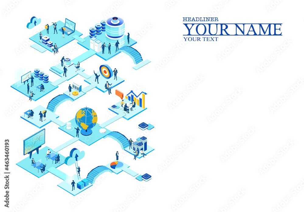 Fototapeta premium Isometric 3D business concept environment, Business people working in server room, technology, big data, computing, artificial intelligence, writing applications concept illustration
