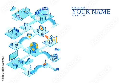 Isometric 3D business concept environment, Business people working in server room, technology, big data, computing, artificial intelligence, writing applications concept illustration