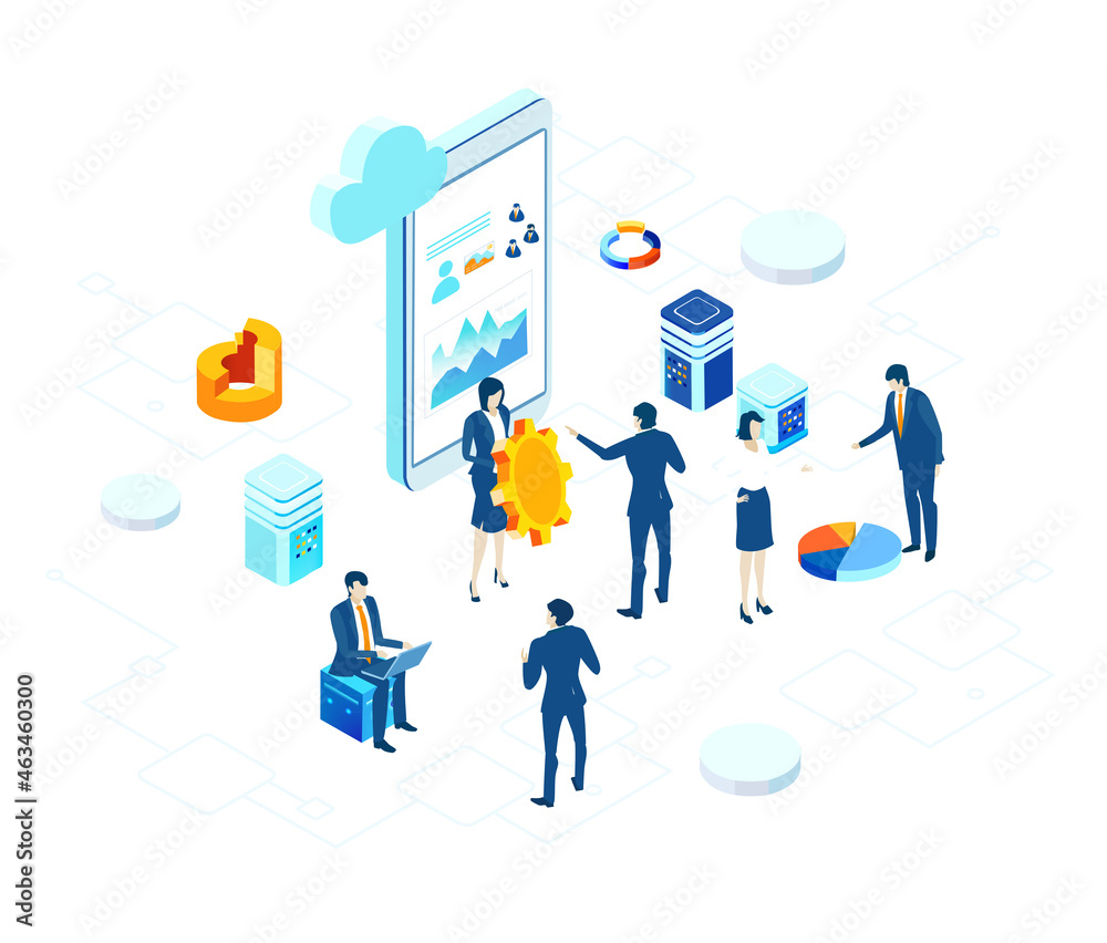 Isometric 3D business concept environment, Creative team working together on mobile application developing programs. Isometric 3D business concept environment, Creative team working together on mobile application developing programs.