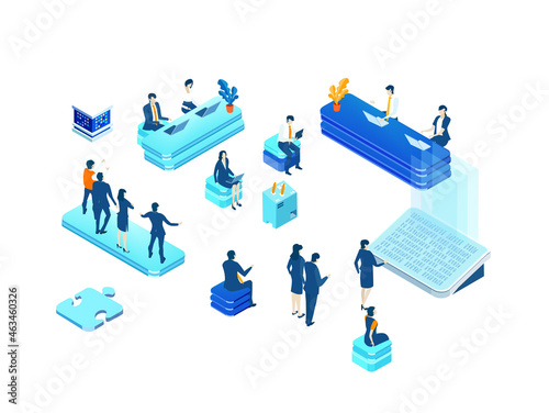 Isometric 3D business concept environment, Business people having a meeting, technology, big data, computing, artificial intelligence, writing applications concept illustration