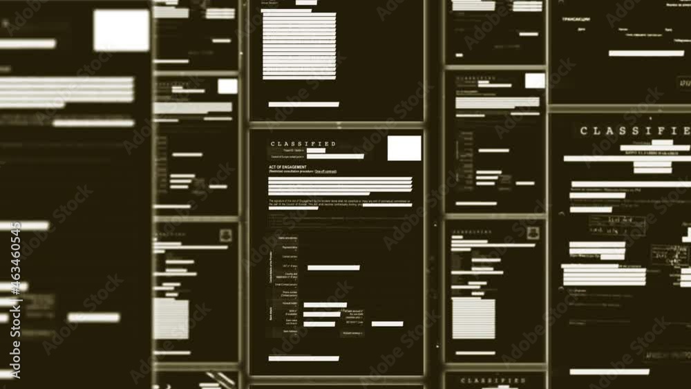 Animation of erasing text of secret classified file using a black marker to censor. Illegal or secret activity information on paper documents being blacked out