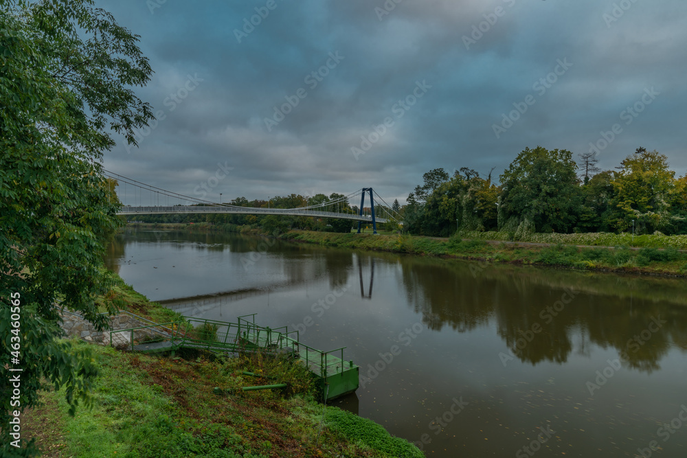 River Labe in central Bohemian town Kolin in autumn color morning