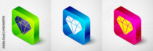 Isometric Diamond icon isolated on grey background. Jewelry symbol. Gem stone. Square button. Vector