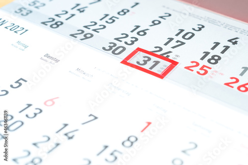 calendar, paper. 31st of month, last day of month, red marker