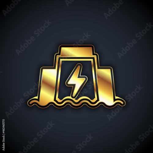 Gold Hydroelectric dam icon isolated on black background. Water energy plant. Hydropower. Hydroelectricity. Vector