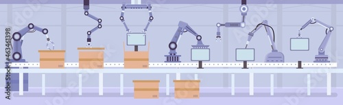 Flat automated robot arms on factory assembly line. Manufacture conveyor with products and boxes. Industry automation machine vector concept
