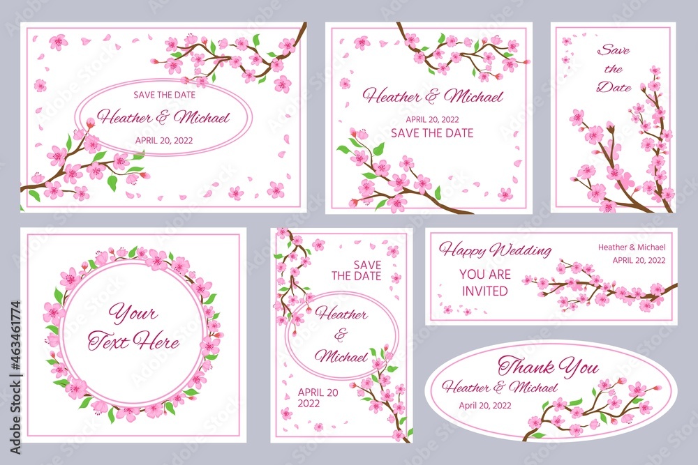 Wedding invitations and greeting cards with sakura blossom flowers. Japan cherry tree branches and pink petals frames and borders vector set