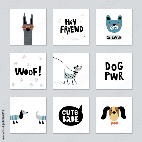 vector illustration, collection of cute dog cards