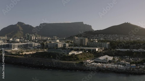 Cape Town, South Africa. Aerial view - 4k. Table mountain, Cape Town Stadium, Greenpoint, Atlantic seaboard,Spectacular aerial fly over view of Cape Town Stadium, Waterfront, Harbour, City Centre