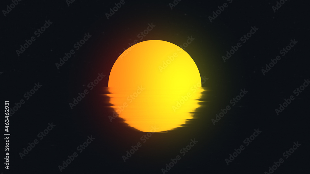 Moon in water reflection. Night minimalistic landscape. Sea surface in the light of the moon. 3D video render.