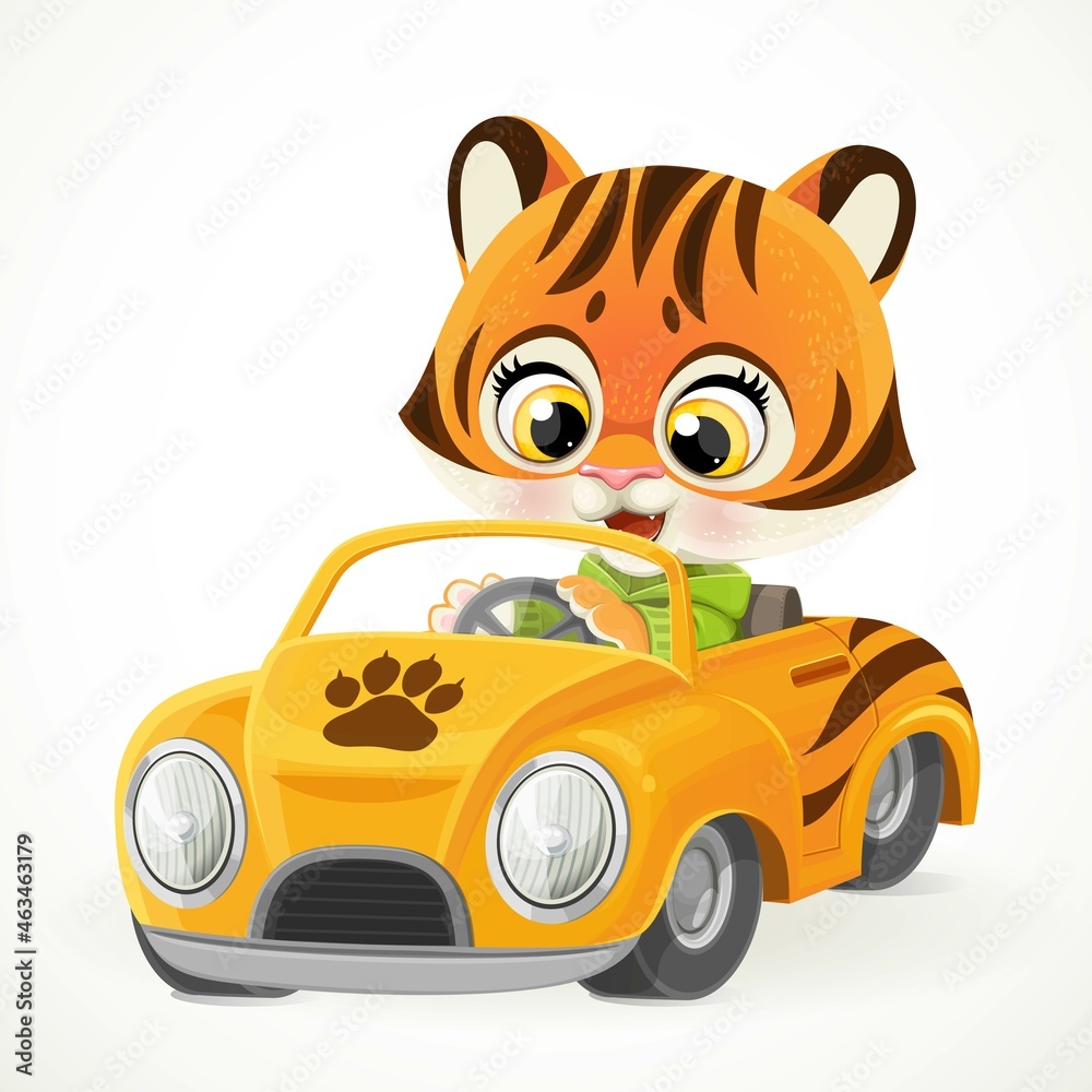 Cute cartoon baby tiger rides in a orange little toy car for children isolated on white background - obrazy, fototapety, plakaty 