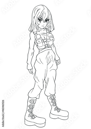 Cute anime girl with emerald hair in military uniform linear artwork