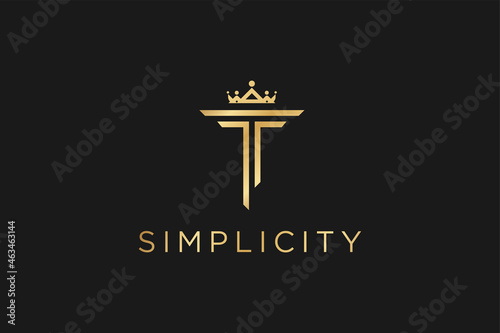 Monogram T letter golden thin line with crown hipster logo, luxury gold linear initial for retro wedding card, vintage cute decoration design element