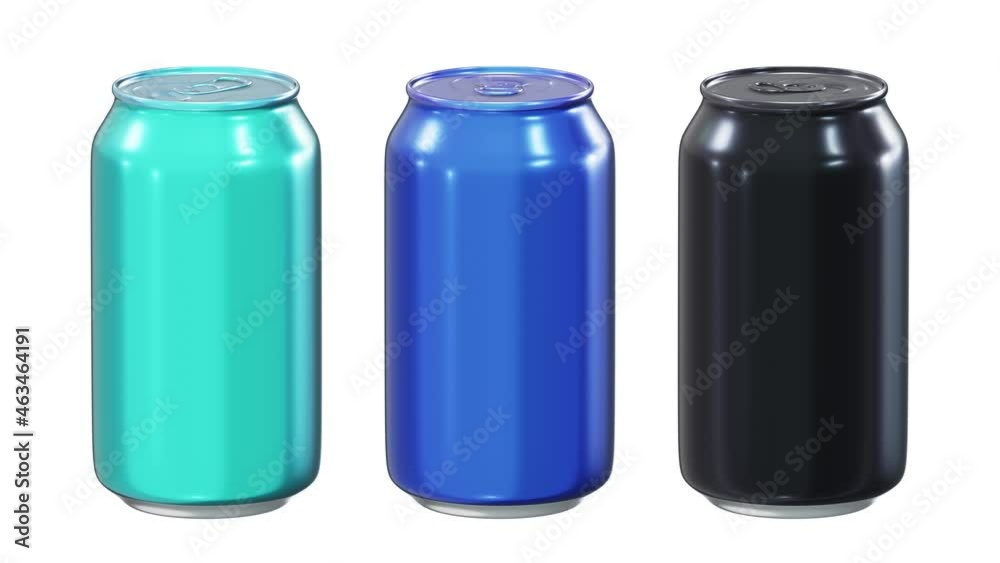 Realistic seamless looping 3D animation of the spinning anodized aluminum turquoise, blue and black blank alcohol or soft drink cans rendered in UHD with alpha matte Realistic seamless looping 3D animation of the spinning anodized aluminum turquoise, blue and black blank alcohol or soft drink cans rendered in UHD with alpha matte