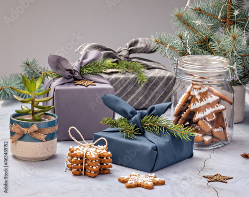 Eco Friendly Christmas concept with Cloth wrapped Gifts photo