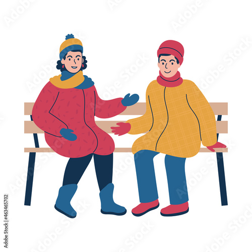 Friendly conversation between two people during the winter time. Isolated vector illustration.