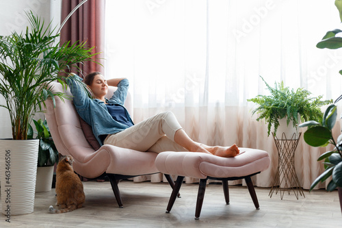 Fototapet Happy Caucasian woman relax sit in pink chair in cozy home interior with red cat