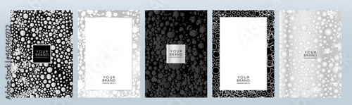 Modern cover design set. Luxury silver and black background with sparkling bubbles, water droplets pattern. Holiday vector template for drink menu, card, flyer, invite, brochure, catalog 