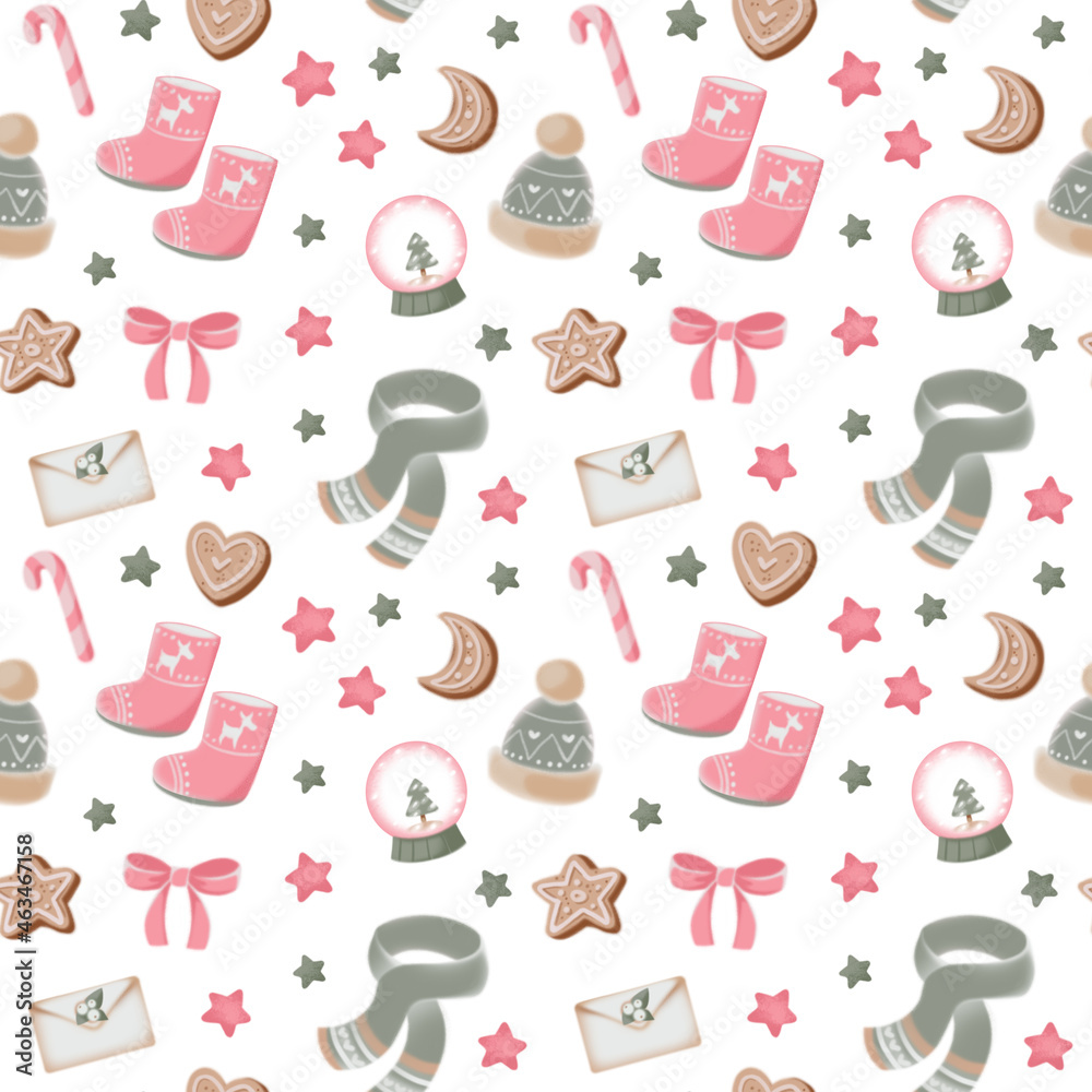 Seamless Christmas pattern with sweets, winter warm clothes, decor. New Years, childrens funny illustration of pastel green and pink color. Children's print.