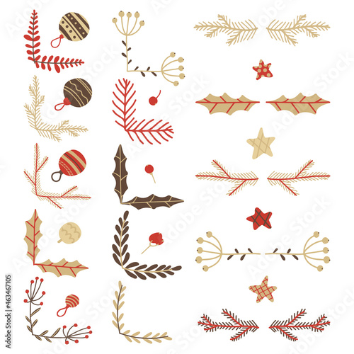 Vector set of Christmas elements. Twigs  snowflakes  gifts.