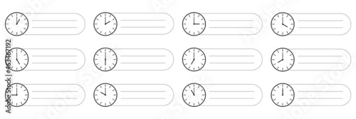horizontal set of analog clock icon with short note notify of each hour activities isolated on white