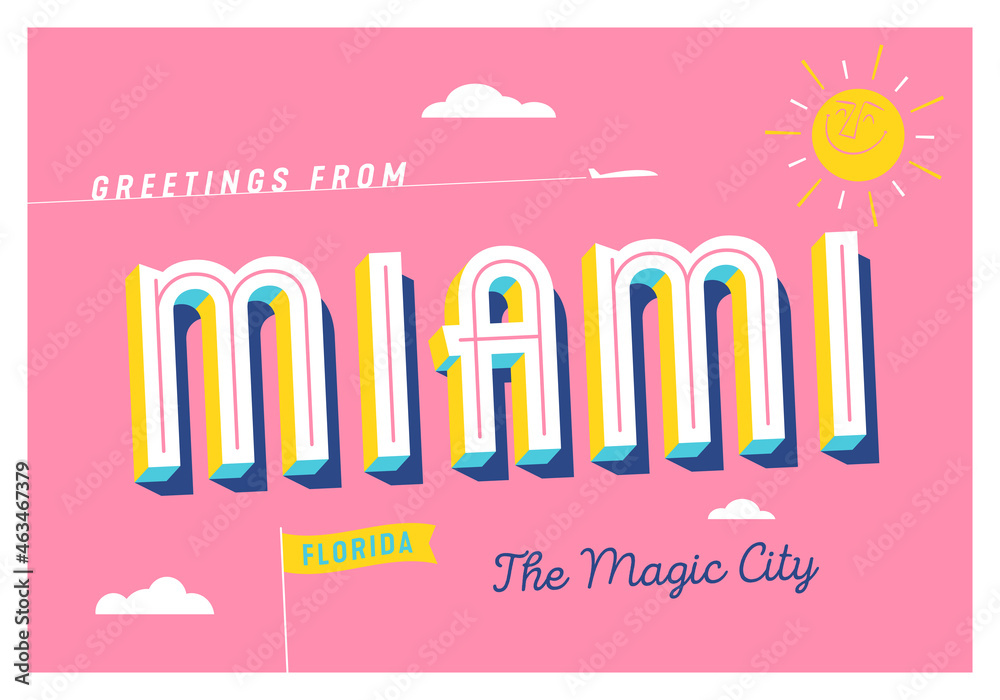 Fototapeta premium Greetings from Miami, Florida - The Magic City - Touristic Postcard - EPS 10.