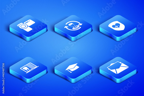 Set Mail and e-mail, Cinema camera, Graduation cap, Laptop with dental card, Human resources and Shield heart rate icon. Vector