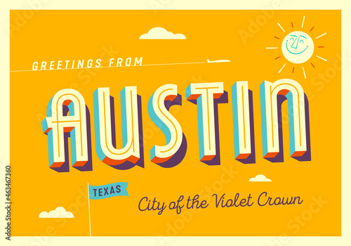Greetings from Austin, Texas - City of the Violet Crown - Touristic Postcard - EPS 10. photo