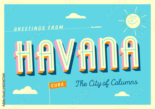 Greetings from Havana, Cuba - The City of Columns - Touristic Postcard - EPS 10.
