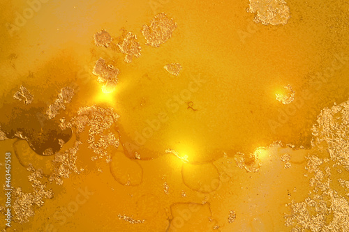 Gold, and amber yellow abstract alcohol ink marble texture. Vector shining background with natural pattern and glitter. Template for banner, poster design. Fluid art painting