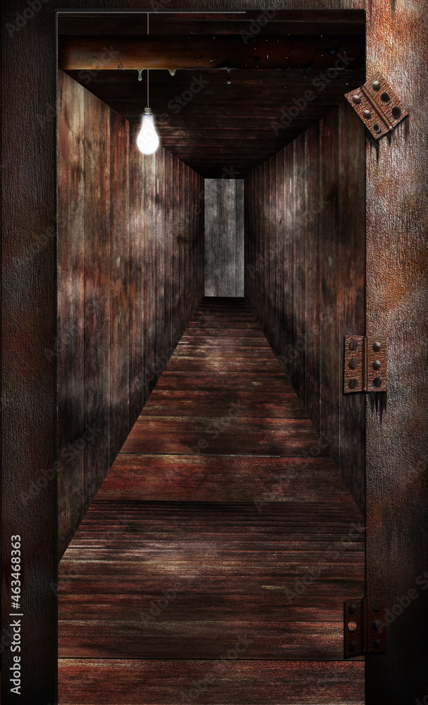 Boken door and dark corridor