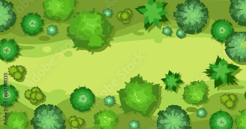Beautiful summer landscape with trees. Clearing glade in forest. View from above. Illustration in a flat style. Scenarios from above. Cartoon design. Vector