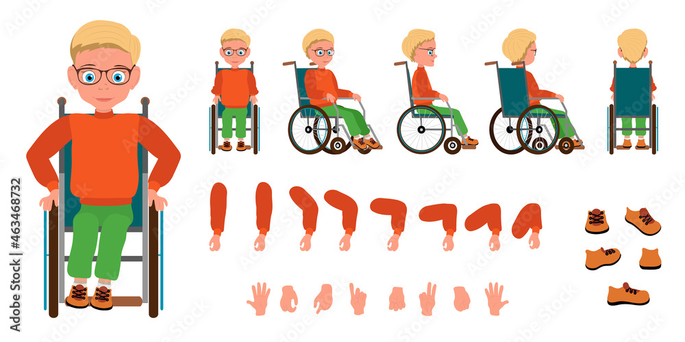 Fototapeta premium Vector Illustration of Cute Smiling Kid Girl, Cartoon Character Set For Animation, Various Views, Poses and Gestures