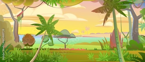 Jungle vines. Dense thickets. Morning sunrise dawn or evening sunset. View from the forest. Southern Rural Scenery. Tropical forest panorama. Illustration in cartoon style flat design. Vector