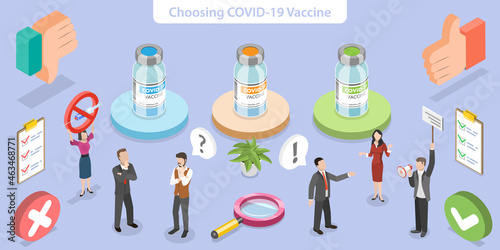 3D Isometric Flat Vector Conceptual Illustration of Choosing COVID-19 Vaccine, Debating about Making Vaccine Decision