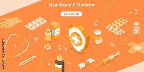 3D Isometric Flat Vector Conceptual Illustration of Healthcare And Medicine, Medical Flyer of Pharmacy Drugstore