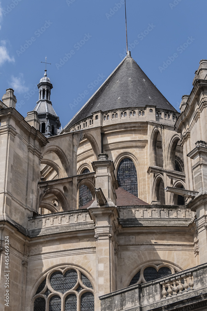 Architectural fragments of Paris Saint-Eustache church (1532 - 1637). Saint-Eustache church located in Les Halles (market) area of Paris. France.