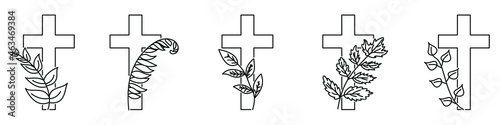 Christian cross with plant. Cross with flowers. Linear design of christian cross with branch. Vector illustration
