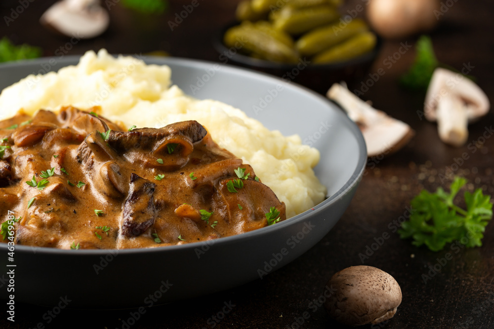 Beef Stroganoff with mushrooms and mashed potatoes. Beef Stroganoff with mushrooms and mashed potatoes.