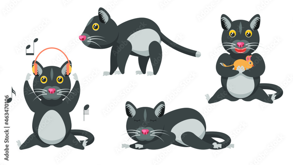 Set Abstract Collection Flat Cartoon 
Different Animal Cats Kitty Pets Stand, Eating A Rodent, Listening To Music, Sleeping Vector Design Style Elements Fauna Wildlife