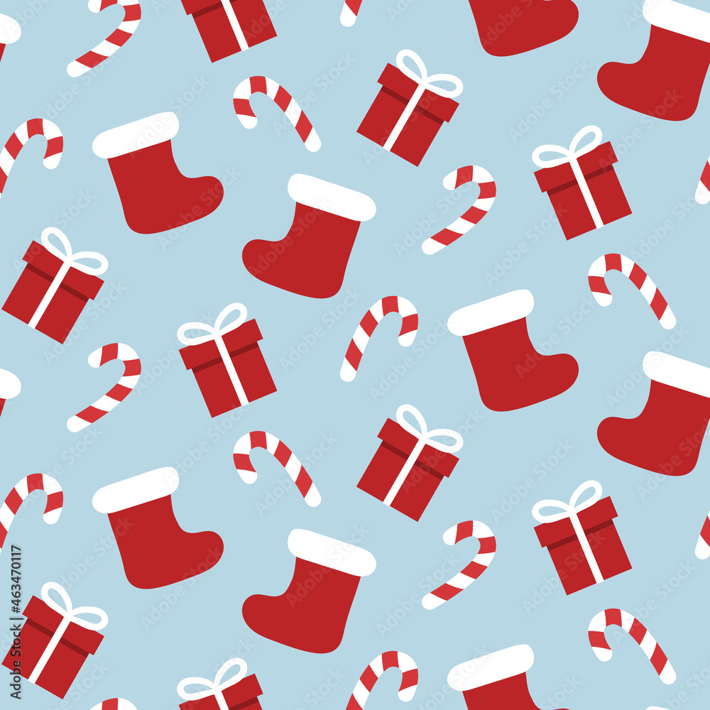 Christmas stocking seamless pattern with gifts and sweets