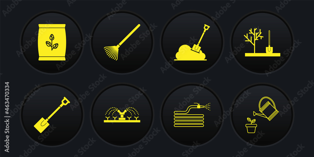 Set Garden shovel, Planting tree in the ground, Automatic irrigation sprinklers, hose or fire hose, Shovel, rake for leaves, Watering can and Fertilizer bag icon. Vector Set Garden shovel, Planting tree in the ground, Automatic irrigation sprinklers, hose or fire hose, Shovel, rake for leaves, Watering can and Fertilizer bag icon. Vector