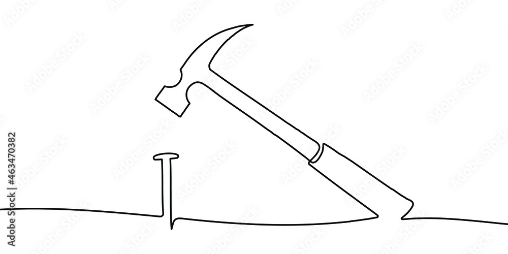 Hammer and nail line background. One line drawing background