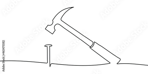 Hammer and nail line background. One line drawing background. Continuous line drawing of hammer and nail. Vector illustration.
